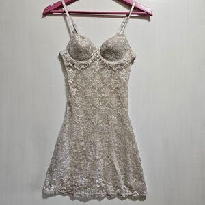 Women's Sheer Lace Mini Dress Ivory Size S Scalloped Trim Adjustable Straps
